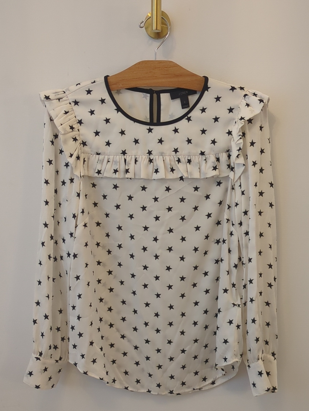 J .Crew Silk White Star Print Ruffle Long-Sleeve Dress Top Size 2
